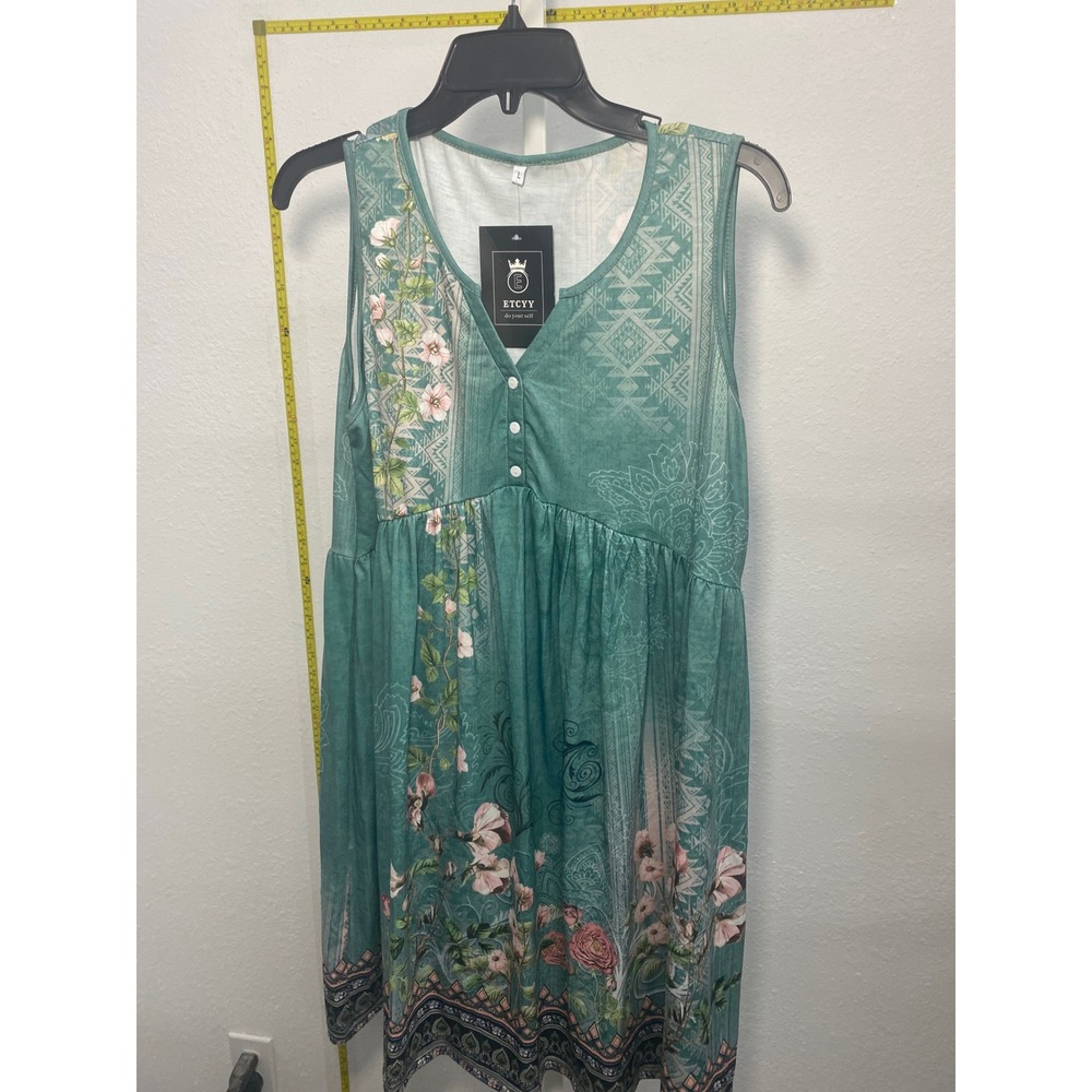 ETCYY Teal Green Boho Floral Geometric Sleeveless Babydoll Tunic Top Dress L